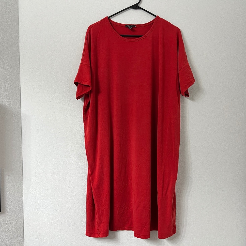 Eileen Fisher Womens L Red Tencel Knit T Shirt Dress Drop Shoulder Relaxed Midi
